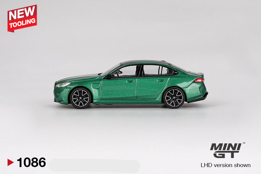 side view of BMW M5 Isle of Man Green Metallic 1:64 scale model car - Mini GT