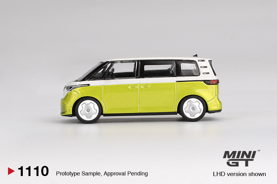 Side view of Volkswagen ID.Buzz Candy White/ Pomelo Yellow 1:64 scale model car - Mini GT