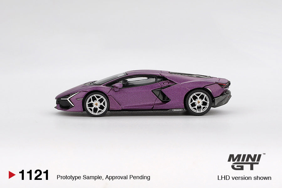 Side view of Lamborghini Revuelto Viola 30th Matte 1:64 scale model car - Mini GT