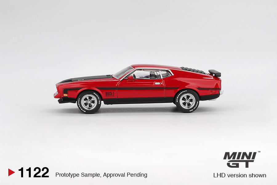 side view of Ford Mustang Mach1 1971 Race Red 1:64 scale model car - Mini GT