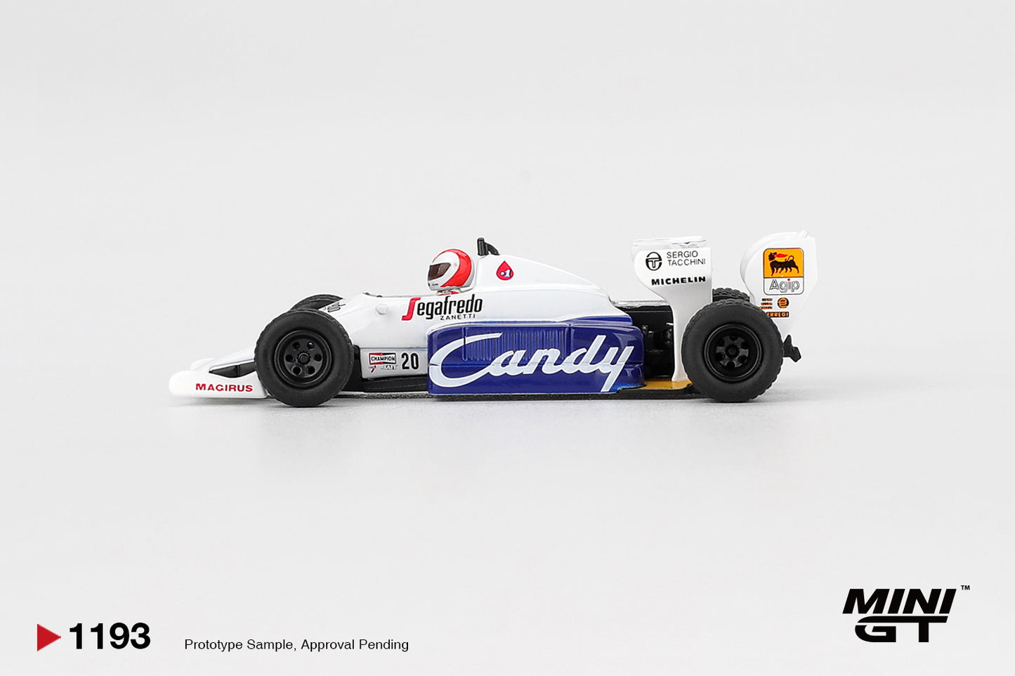 Toleman TG184 #20 Johnny Cecotto 1984 Monaco GP 1:64 Mini GT - side