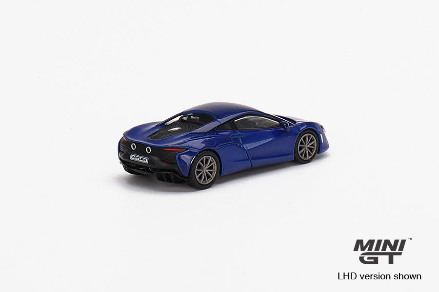 Back perspective view of Mclaren Artura Volcano Blue 1:64 scale model car - Mini GT