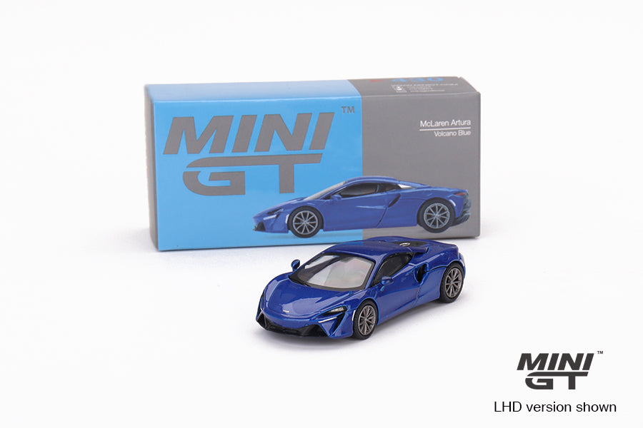 Perspective view of Mclaren Artura Volcano Blue 1:64 scale model car - Mini GT with Box