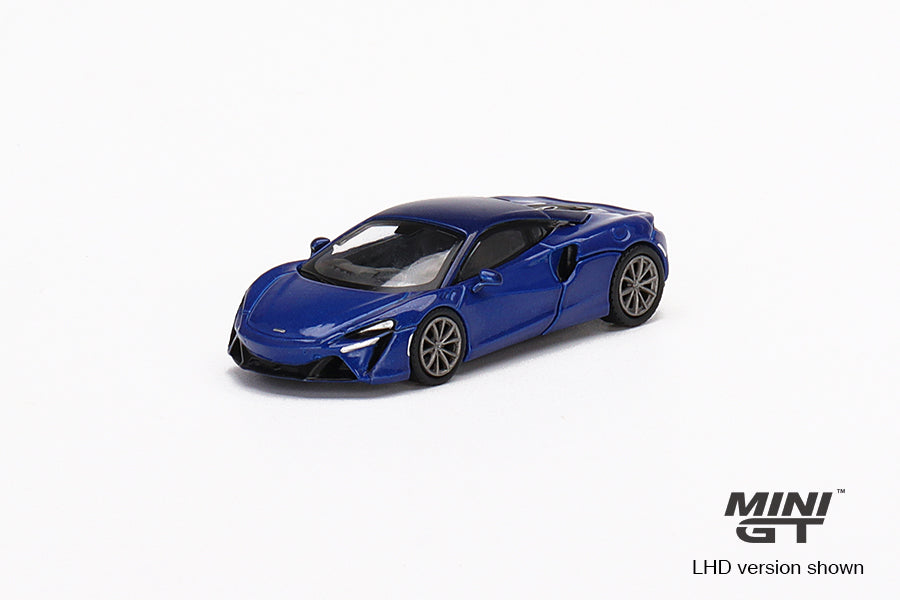 Perspective view of Mclaren Artura Volcano Blue 1:64 scale model car - Mini GT