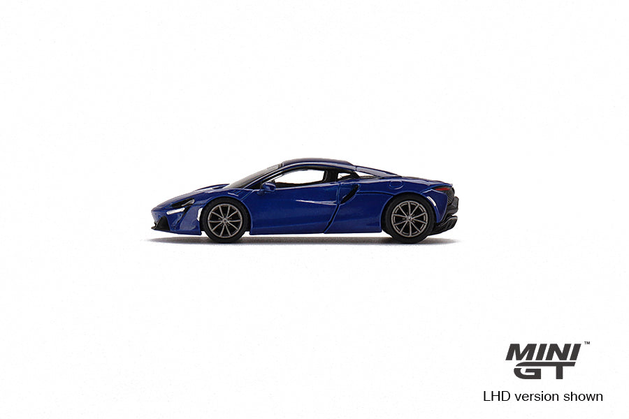 Side view of Mclaren Artura Volcano Blue 1:64 scale model car - Mini GT