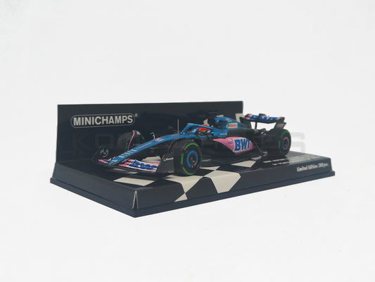Perspective view of BWT Alpine F1 Team A523 3rd Monaco GP 2023 1:43 scale model cars by Minichamps