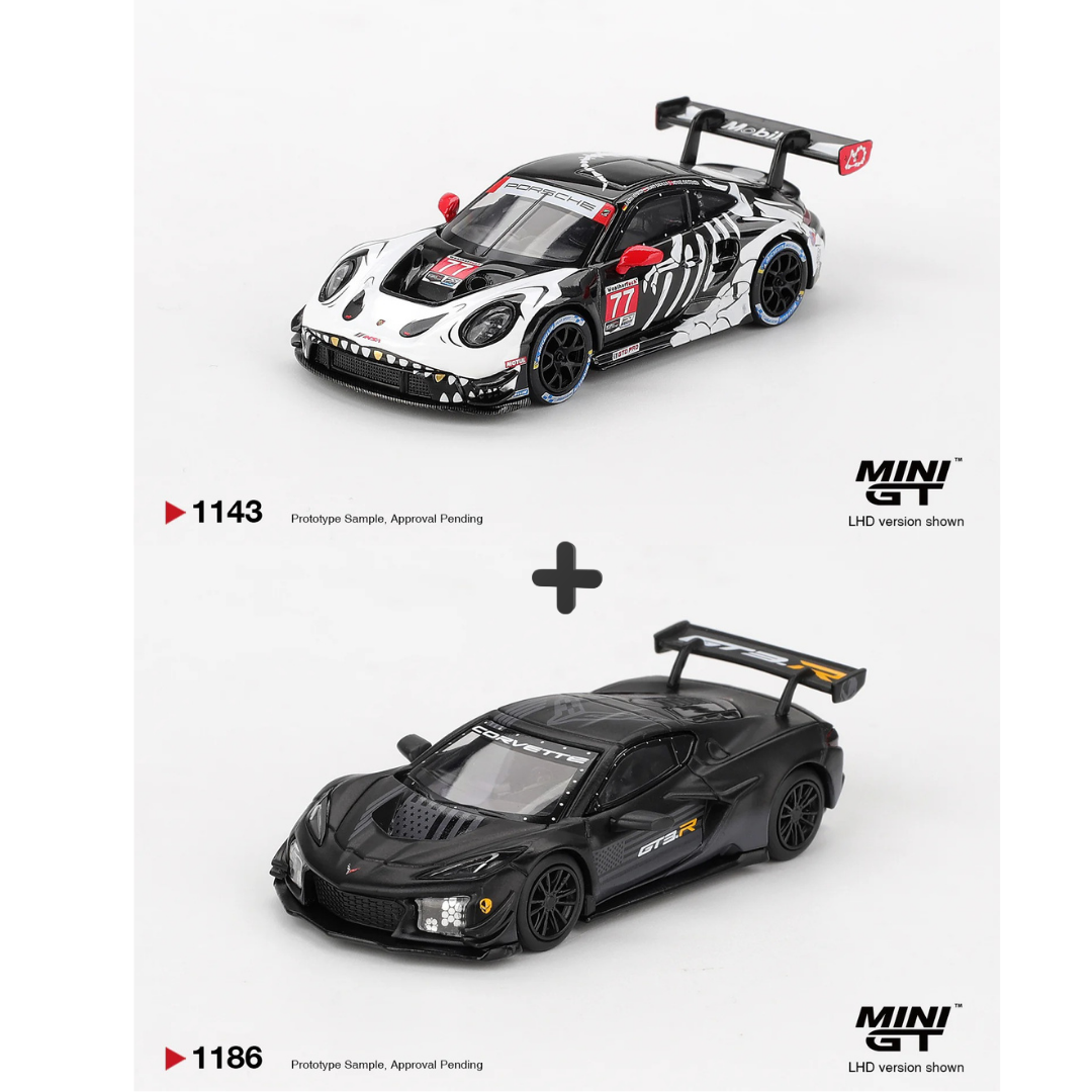 Mini GT 1:64 Porsche 911 GT3 R #77 AO Racing and Chevrolet Corvette Z06 GT3.R Road America Test Car model car bundle packaging