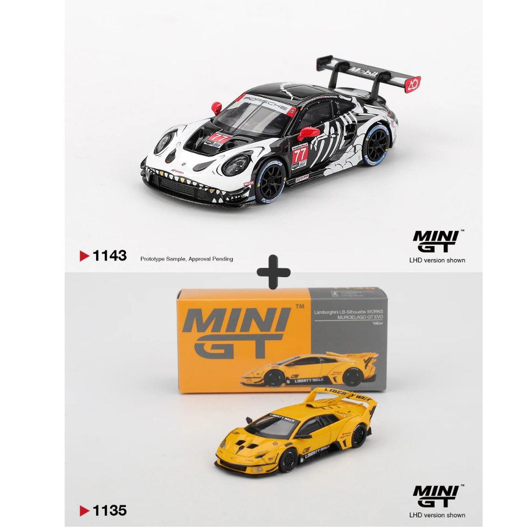 Mini GT 1:64 Porsche 911 GT3 R #77 AO Racing and Lamborghini Murciélago GT Evo Yellow model car bundle packaging
