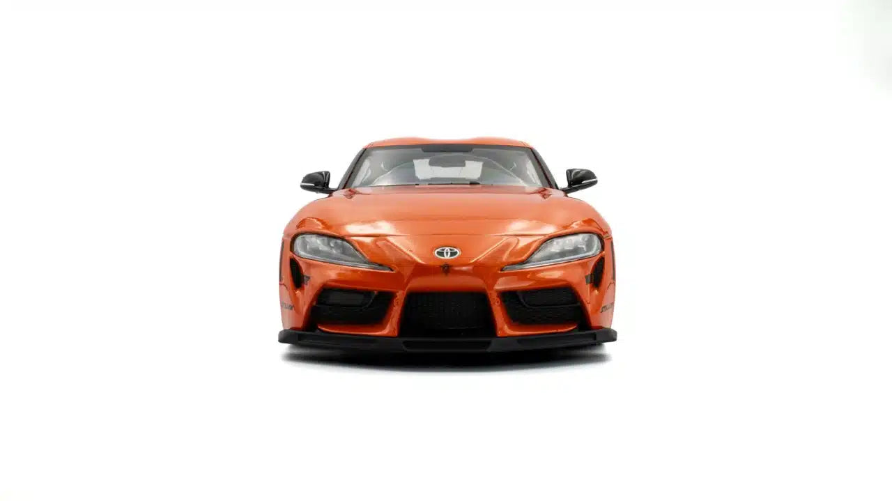 Front view of Toyota GR Supra Fast & Furious Tribute Orange 2024 1:18 scale model car - Solido