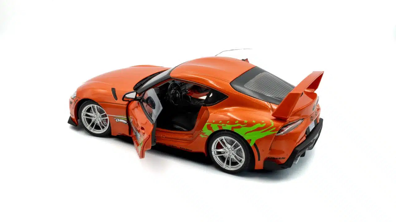Top Back perspective view of Toyota GR Supra Fast & Furious Tribute Orange 2024 1:18 scale model car - Solido