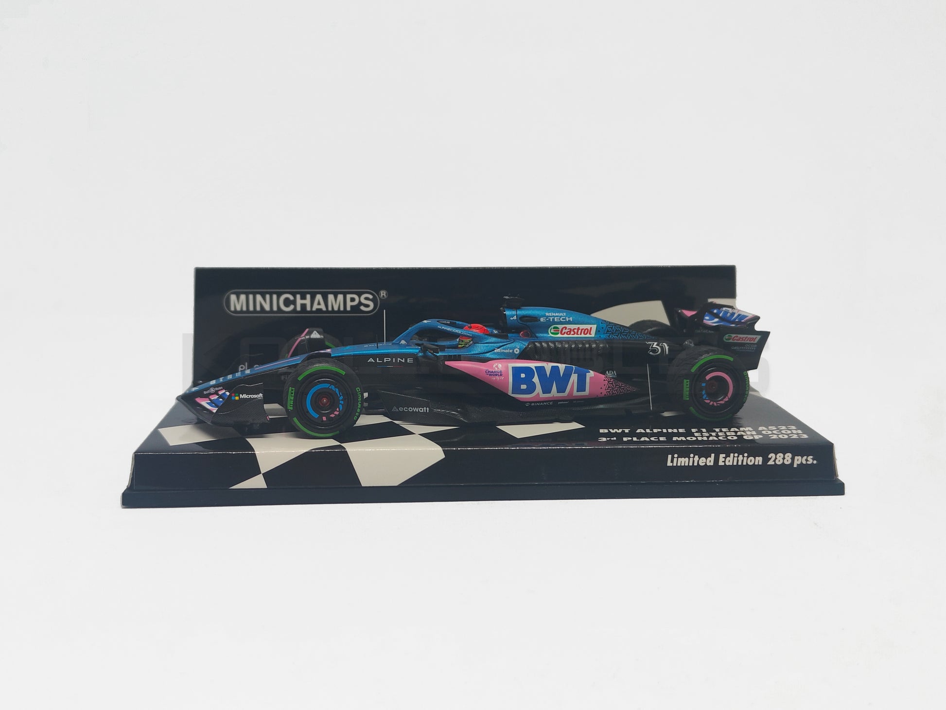 side view of BWT Alpine F1 Team A523 3rd Monaco GP 2023 1:43 scale model cars by Minichamps