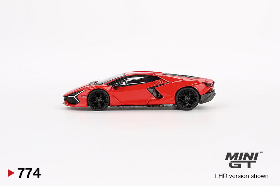 Side perspective view of Lamborghini Revuelto Arancio Dac Lucido 1:64 scale model car - Mini GT