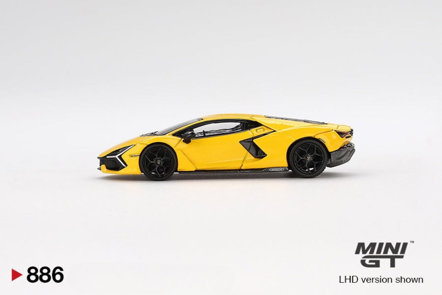 side view of Lamborghini Revuelto Giallo 1:64 scale model car - Mini GT product code of MGT00886