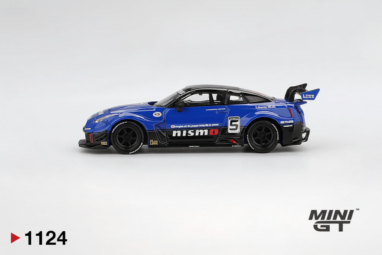 side view of LB-Silhouette WORKS GT NISSAN 35GT-RR Ver.2 Blue 1:64 scale model car - Mini GT