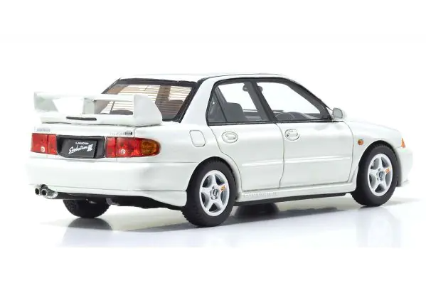 perspective view of both the back and the side Kyosho 1:43  Mitsubishi Lancer Evolution III white