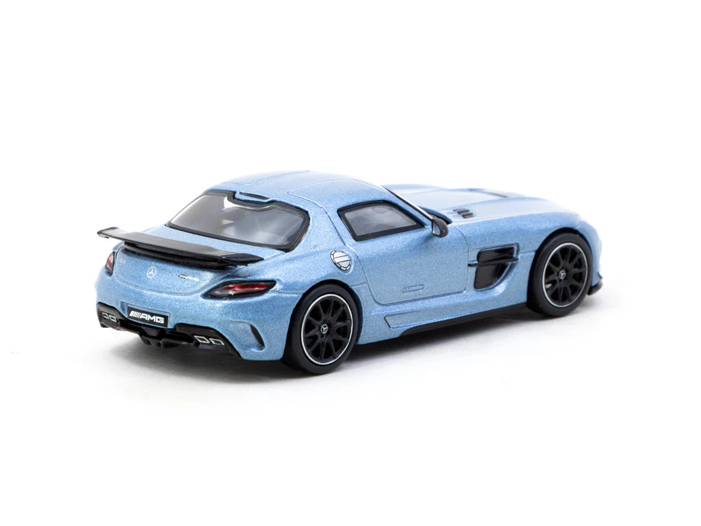 Back perspective view of Mercedes Benz SLS AMG Coupe Black Series Matte Blue 1:64 scale model car - Tarmac works