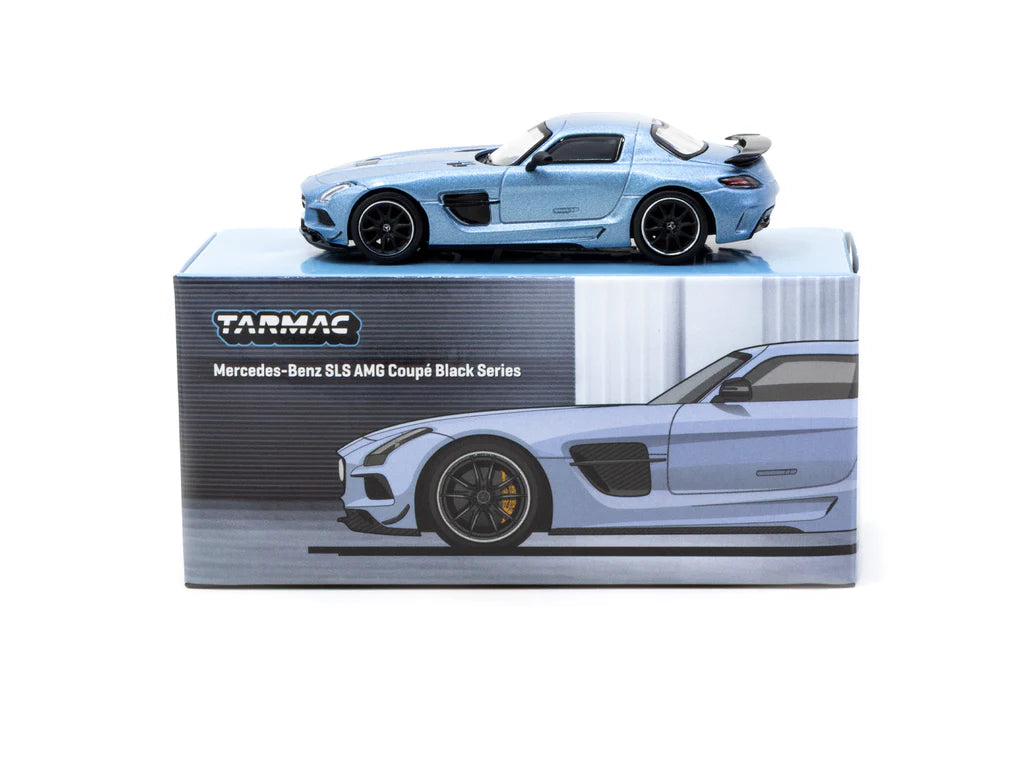 box of Mercedes Benz SLS AMG Coupe Black Series Matte Blue 1:64 scale model car - Tarmac works