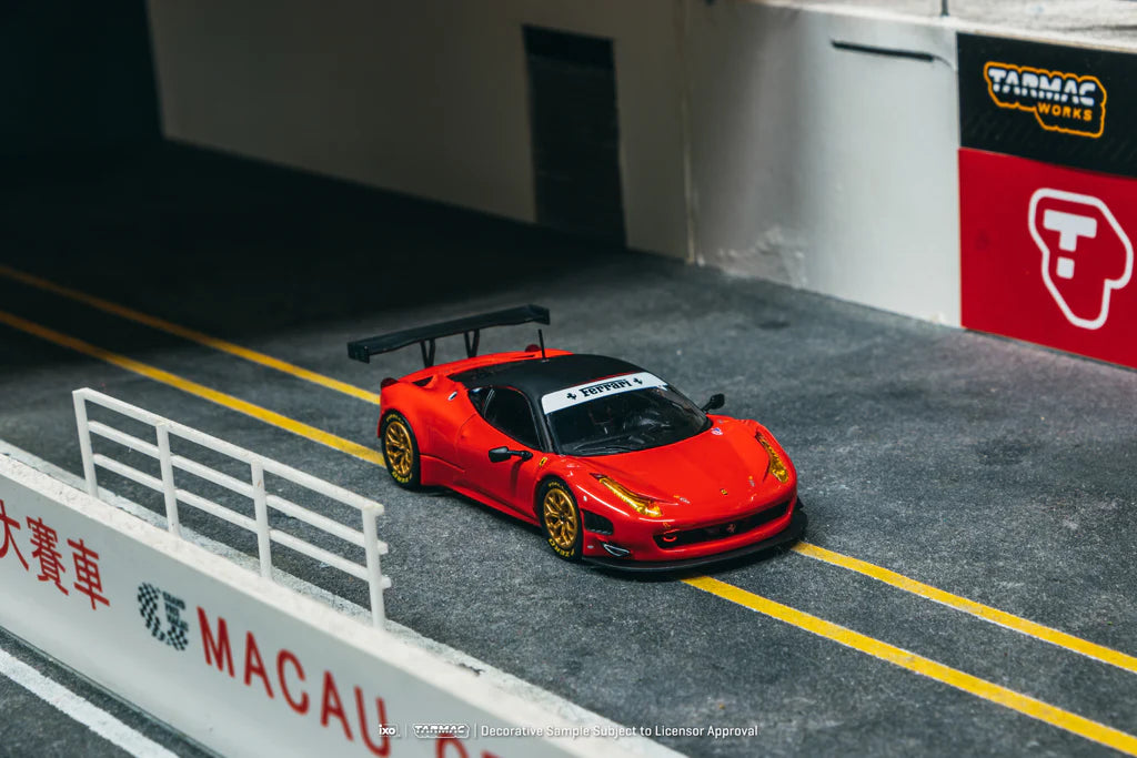 front perspective view of Ferrari 458 Italia GT3 Red 1:64 scale model car - Tarmac works