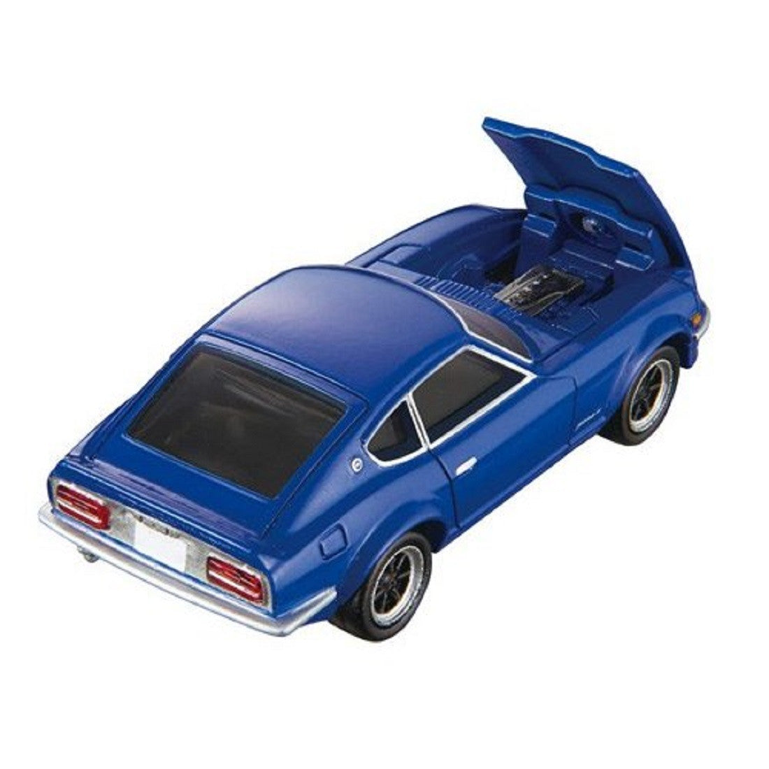 back side perspective view of Nissan Fairlady Z Blue 1:64 Scale Model Car – Tomica Premium (Product Code: 114178) with hood open