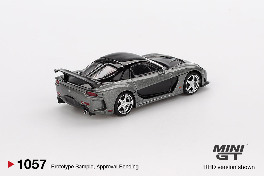 back perspective view of Mazda RX-7 VeilSide Fortune Grey 1:64 scale model car - Mini GT