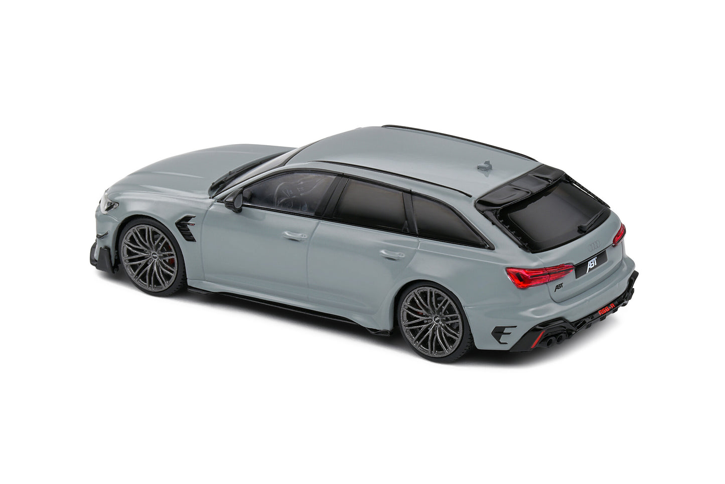 top perspective view of Audi RS6-R Nardo Grey Solido 1:43 scale model car of back and side.