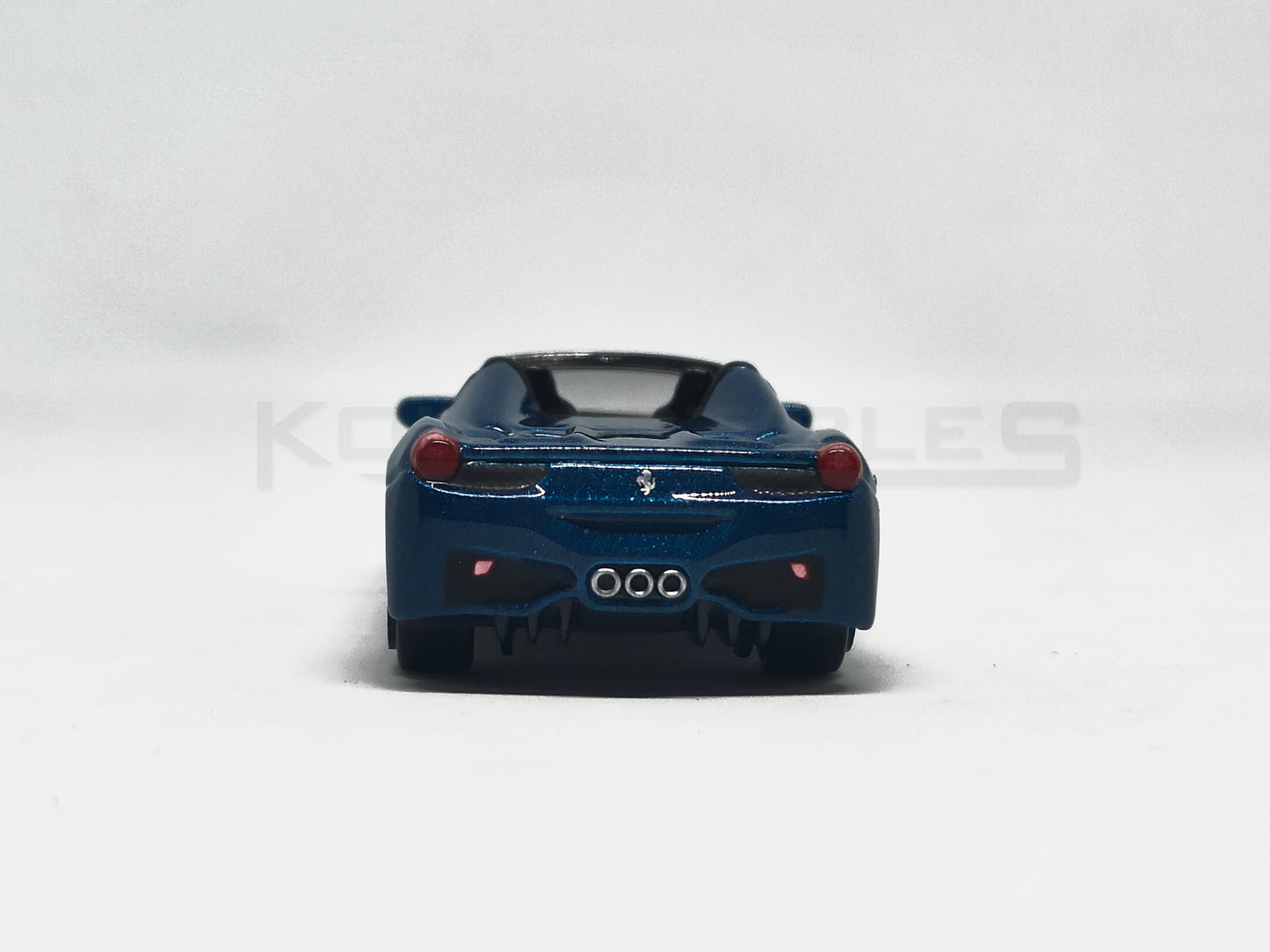 Back view of Ferrari 458 Spider Blue 1:64 scale model car - Bburago