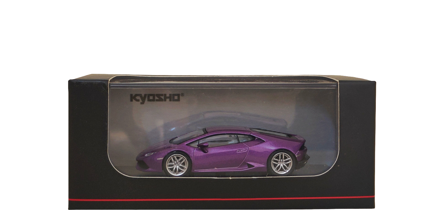 side view of Lamborghini Huracan purple with Display cover and Base Kyosho 1:64 scale model car