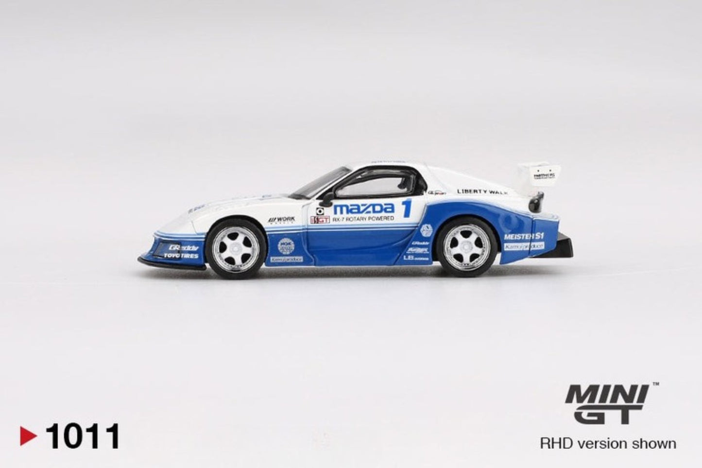 side view of MAZDA RX-7 LB-Super Silhouette IMSA 1:64 scale model car - Mini GT