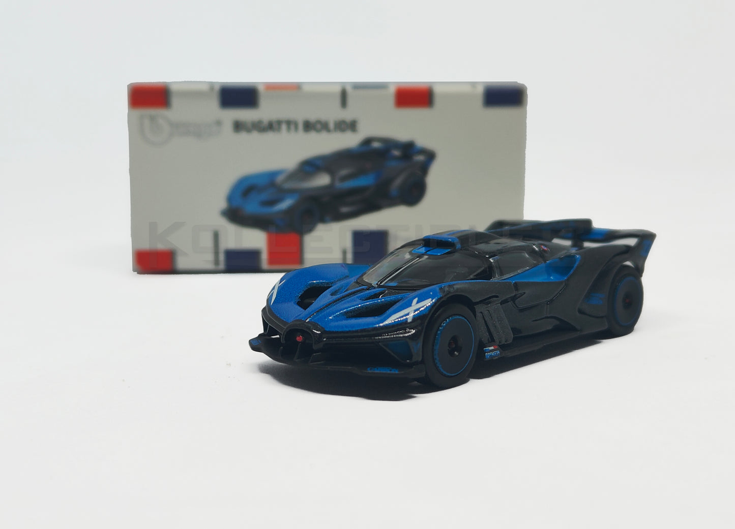 box of Bugatti Bolide - Blue and Black 1:64 scale model car - Bburago