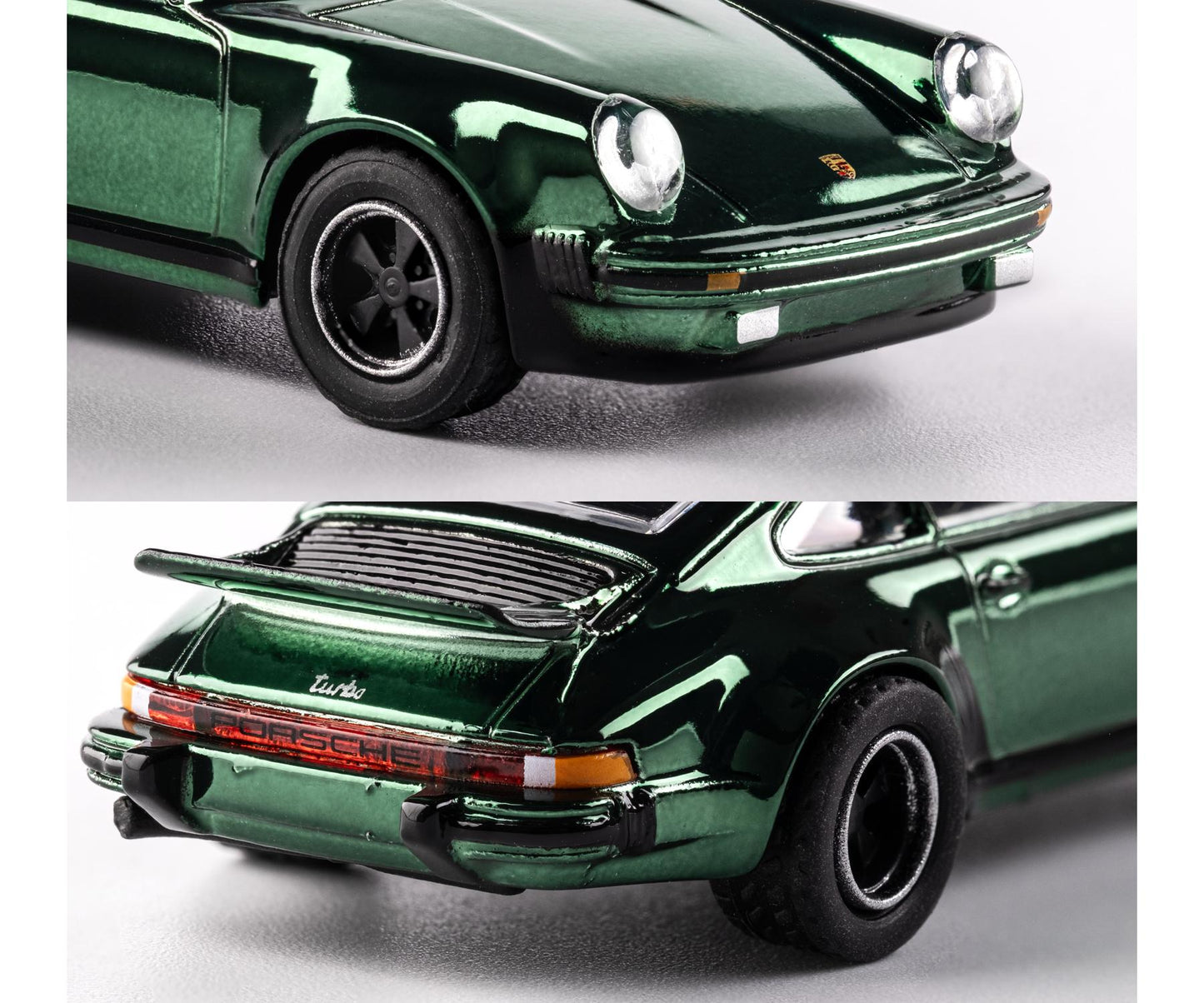 Top-down view of a green Porsche 911 Turbo car on a gray background