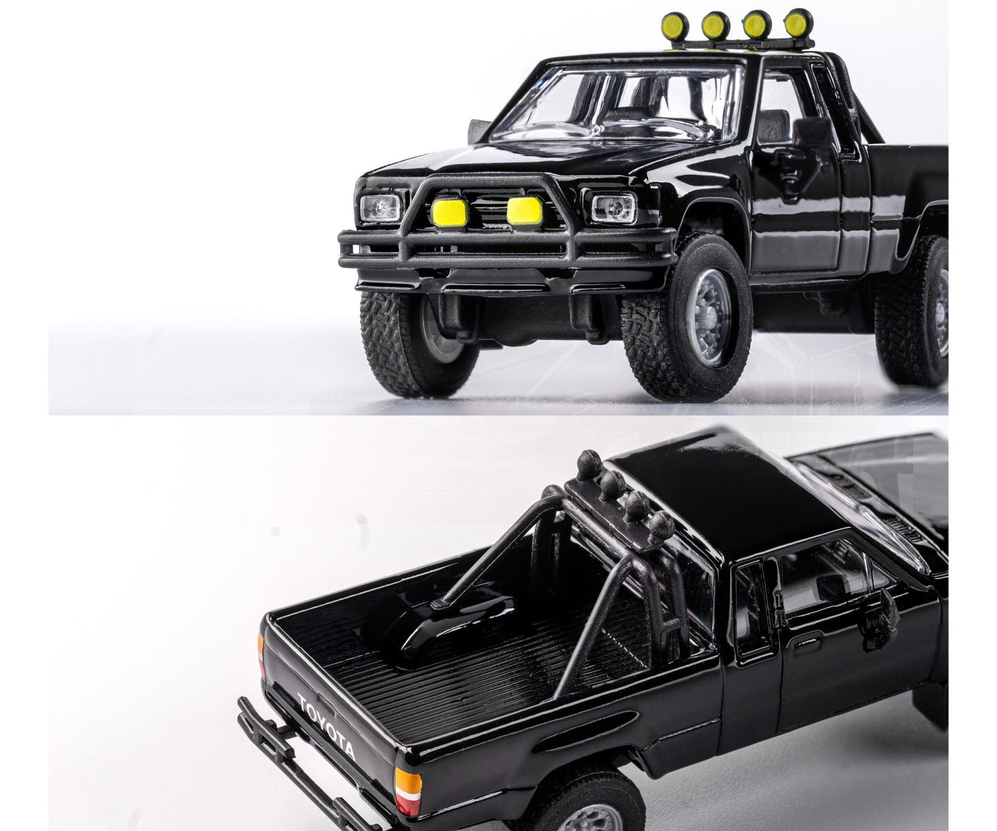 1985 Toyota Hilux SR5 Pickup Black 1:64 Scale Model Car – Majorette Premium (Product Code: 8505001016) with detailed features on a white background