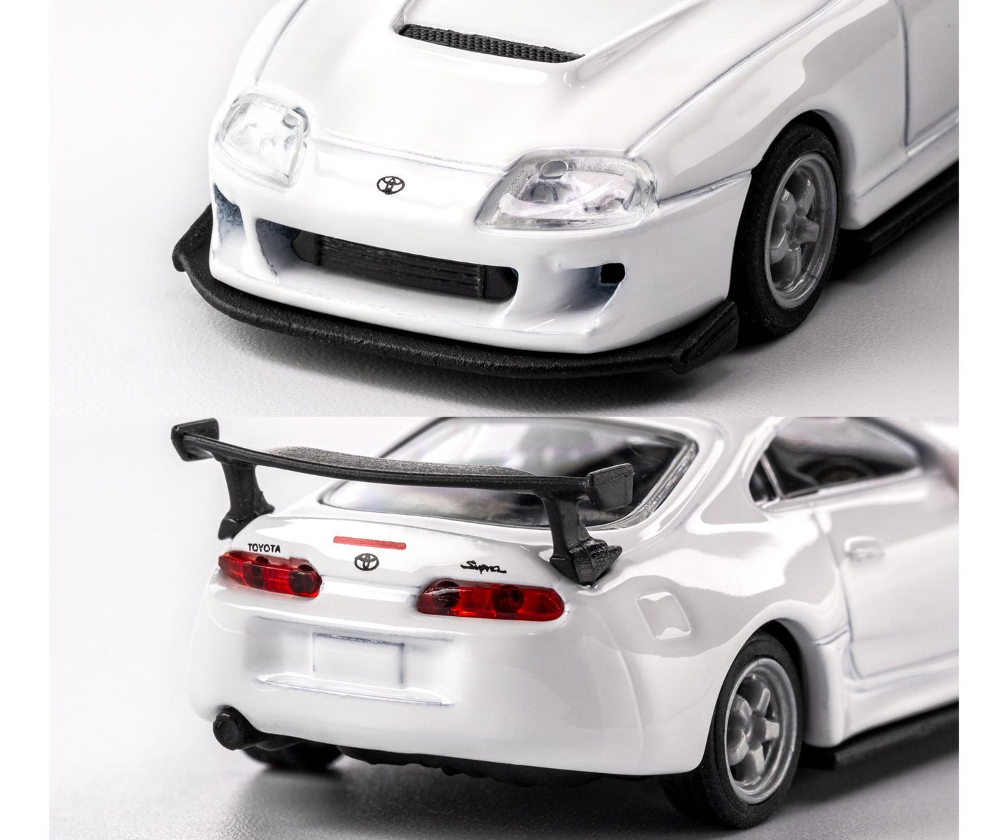 1995 Toyota Supra White 1:64 Scale Model Car – Majorette Premium (Product Code: 8505001017) with a black rear wing on a white background