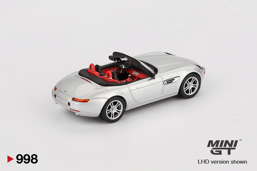 back perspective view of BMW Z8 Silver 1:64 scale model car - Mini GT