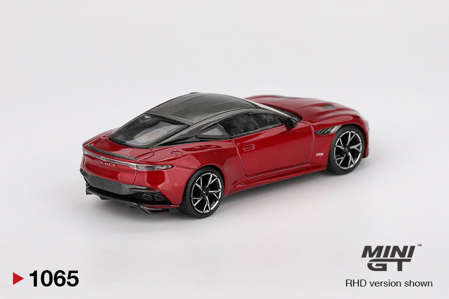 Back perspective view of Aston Martin DBS Hyper Red 1:64 scale model car - Mini GT