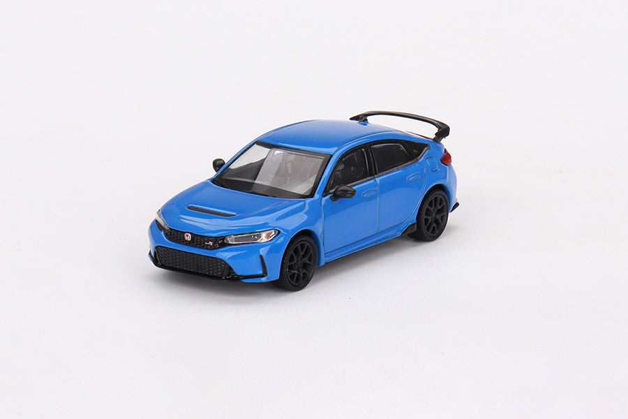 front and side perspective view of Honda Civic Type R Boost Blue Pearl 2023 Blister packaging Mini GT 1:64 scale model car