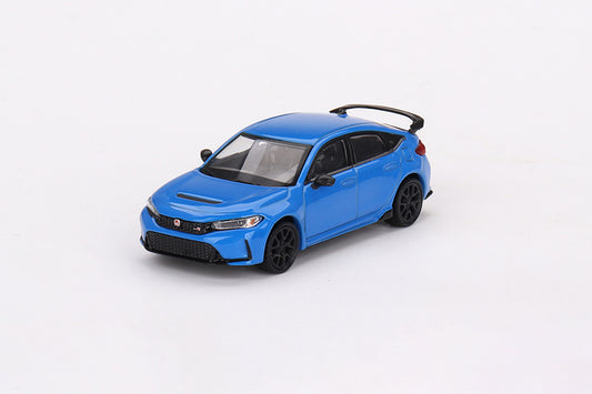 front and side perspective view of Honda Civic Type R Boost Blue Pearl 2023 Blister packaging Mini GT 1:64 scale model car