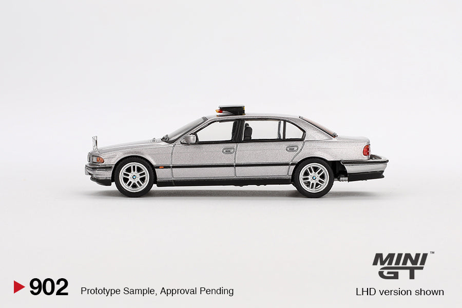 side view of BMW 750IL "Tomorrow Never Dies" 1:64 scale model car - Mini GT