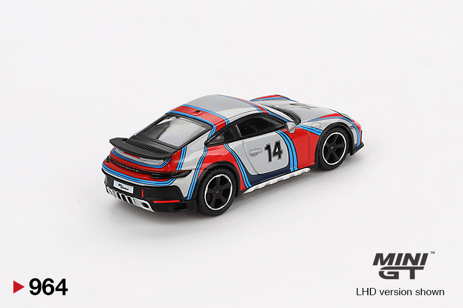 Back perspecive view of Porsche 911 Dakar Ice Grey Metallic "Rally 1978" 1:64 scale model car - Mini GT