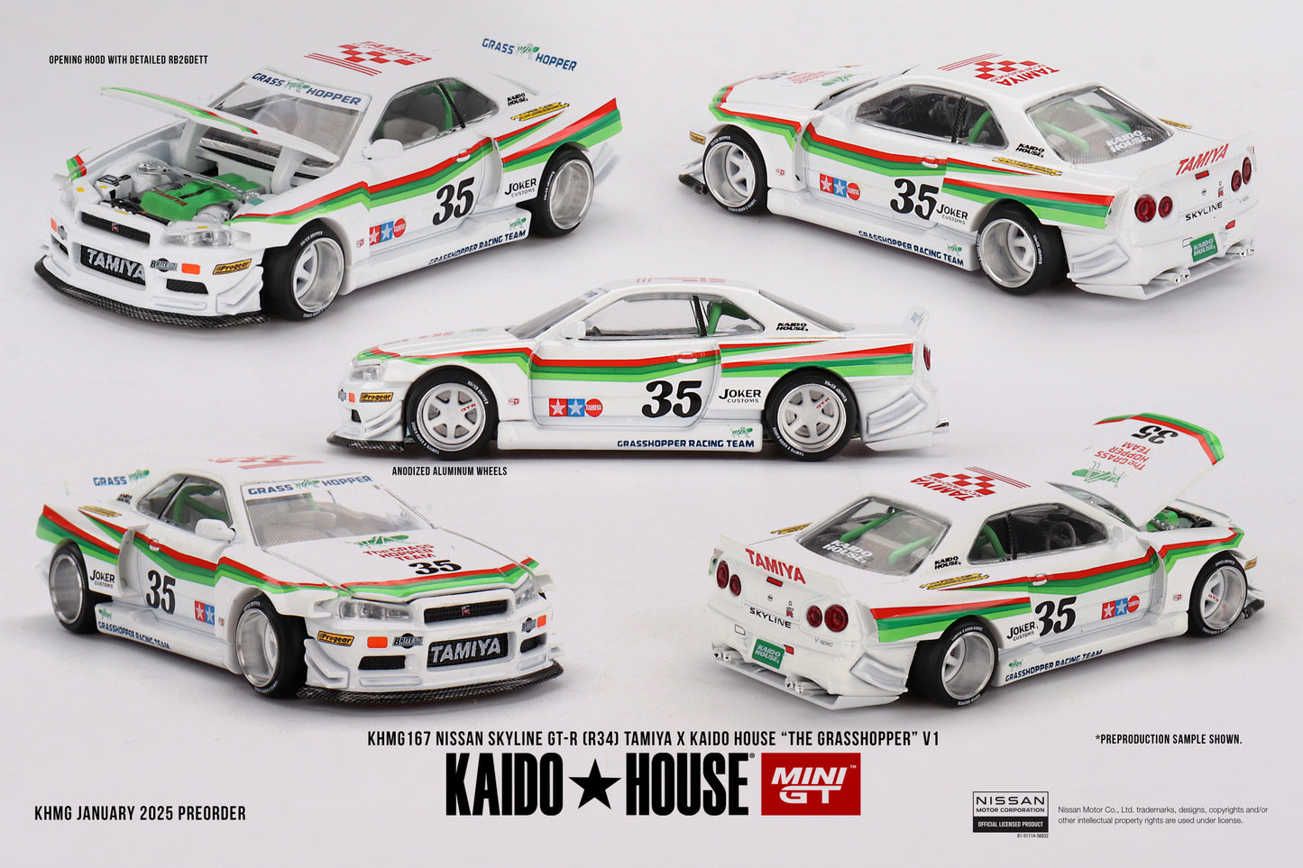 Nissan Skyline GT-R (R34) TAMIYA x KAIDO HOUSE "The GRASSHOPPER" V1 - Mini GT