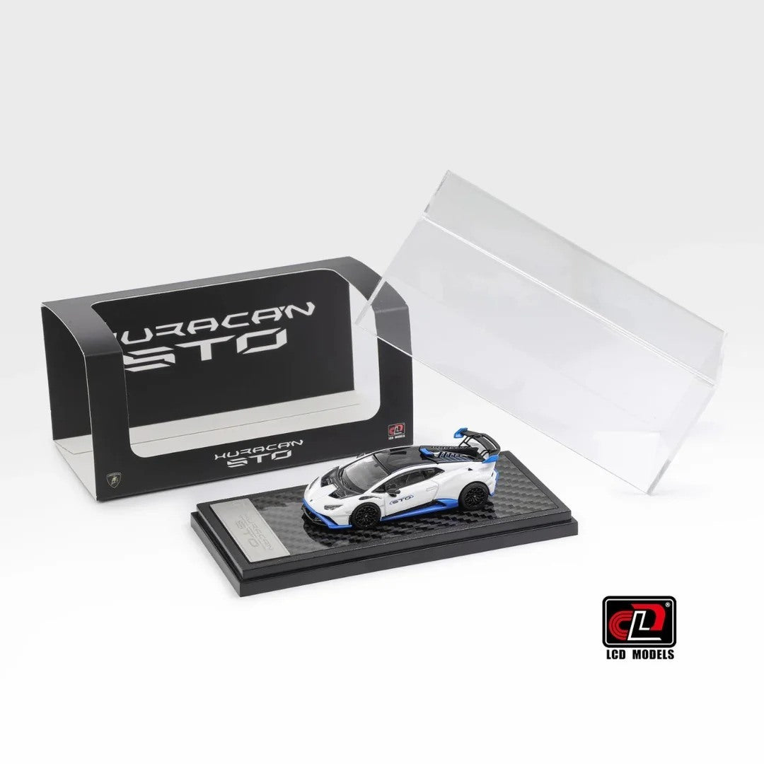 Lamborghini Huracan STO white 1:64 scale model car with its LCD Models box and clear acrylic display cover (LCD64043-WH)