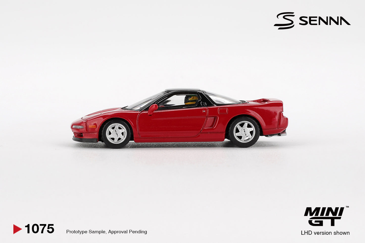 Side profile of Honda NS-X Prototype Midship Sports 1989 red 1:64 scale model car with black roof (MGT01075)