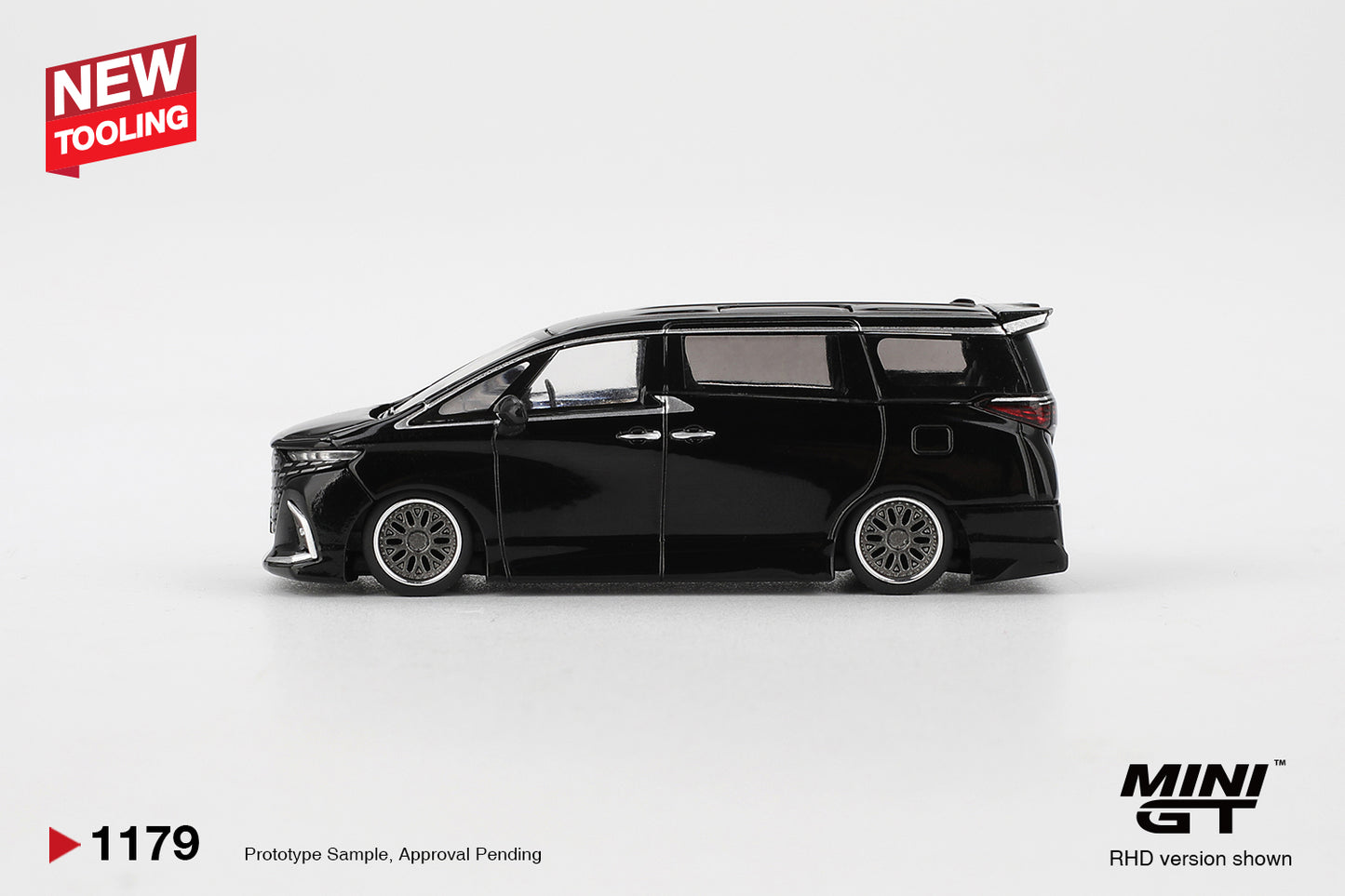 Side profile of Toyota Alphard 40 KUHL black 1:64 scale model car with slammed stance and multi-spoke wheels (MGT01179)