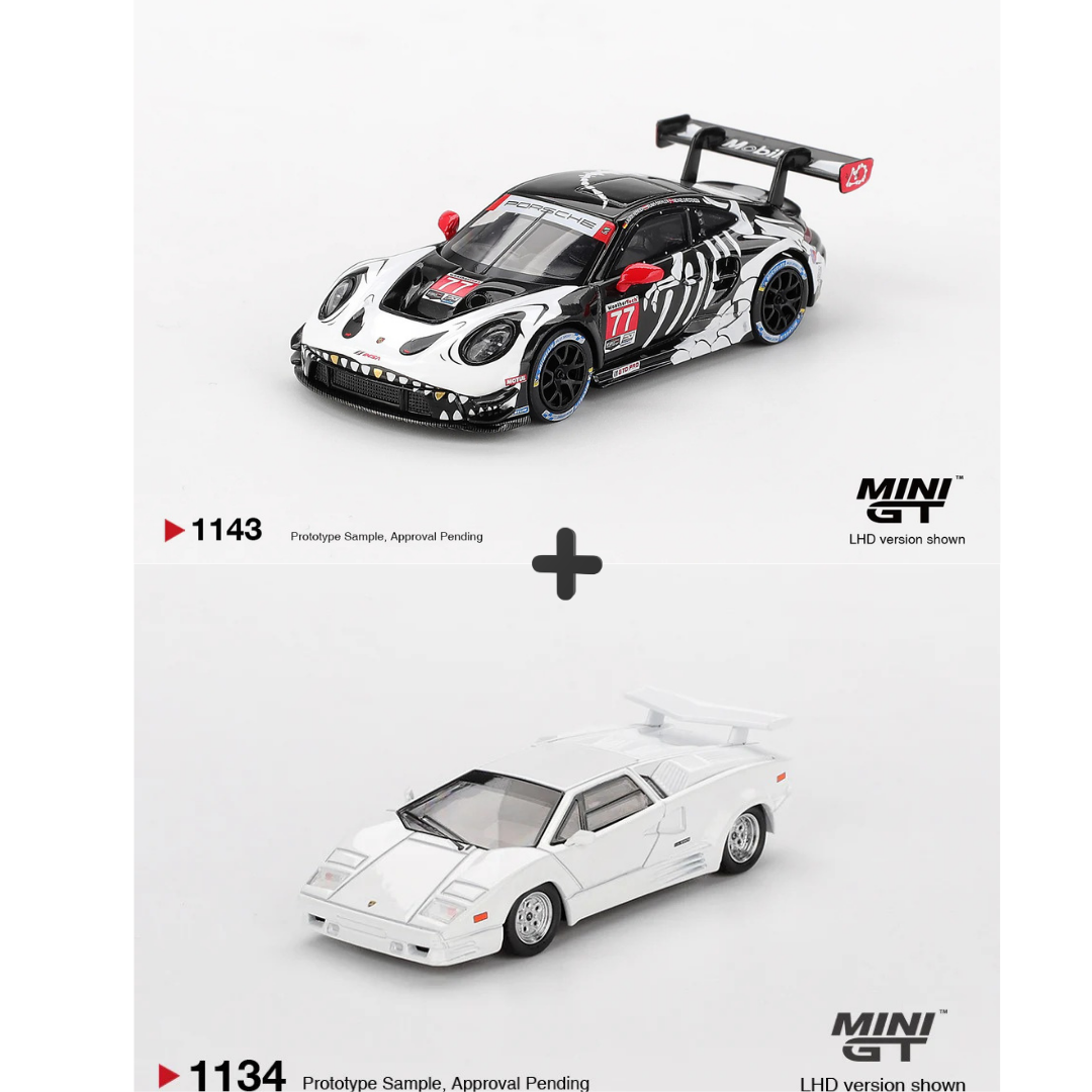 Lamborghini Countach 25th Anniversary White + Porsche 911 GT3 R #77 AO Racing 2025 IMSA Petit Le Mans 1:64 scale model car bundle - Mini GT