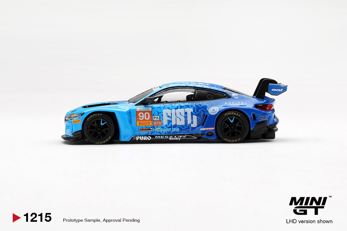 Mini GT BMW M4 GT3 EVO #90 FIST Team AAI 2025 China GT blue 1:64 scale diecast model car, side profile showing the #90 door roundel and sponsor decals