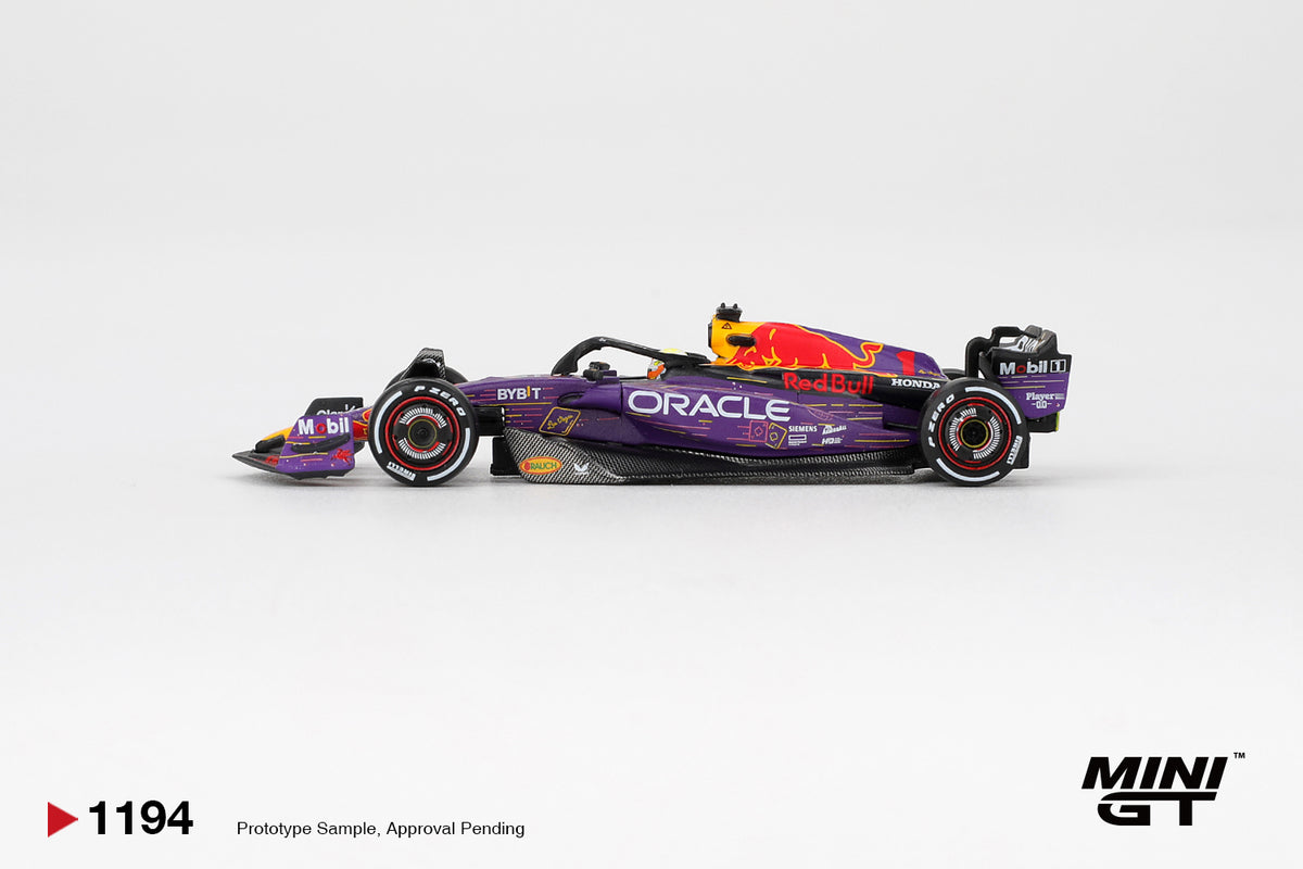 Mini GT Oracle Red Bull Racing RB19 #1 Max Verstappen 2023 Las Vegas GP Winner purple 1:64 scale diecast model car, side profile showing the Make Your Mark livery and red-walled soft tires