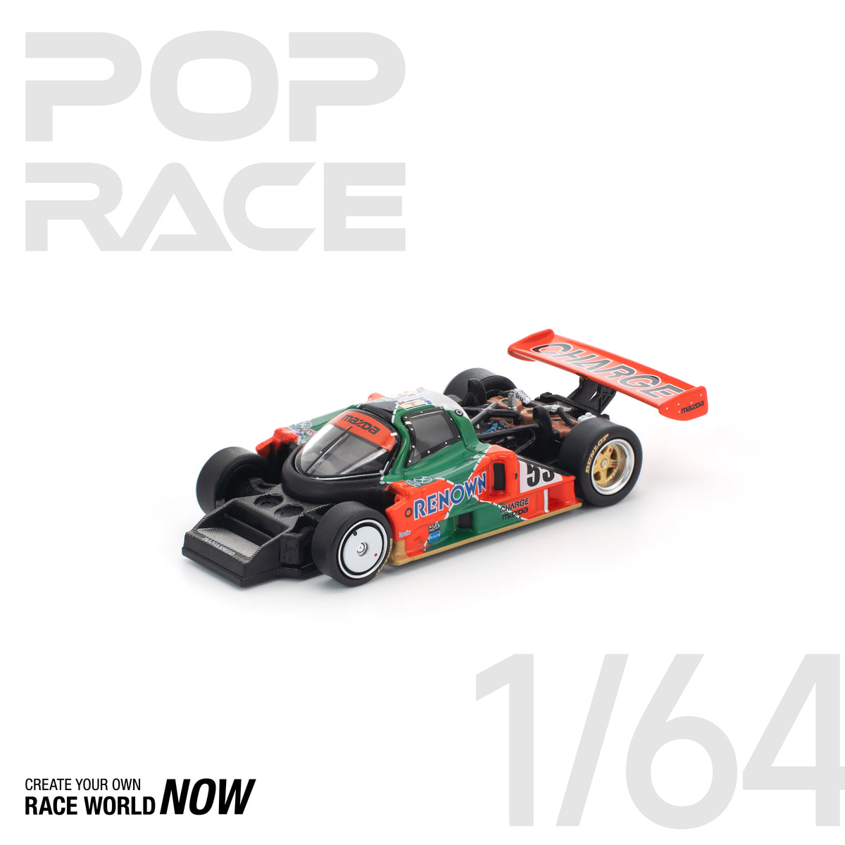 Pop Race Mazda 787B 1:64 scale diecast model car with body shell removed, showing the chassis and cockpit