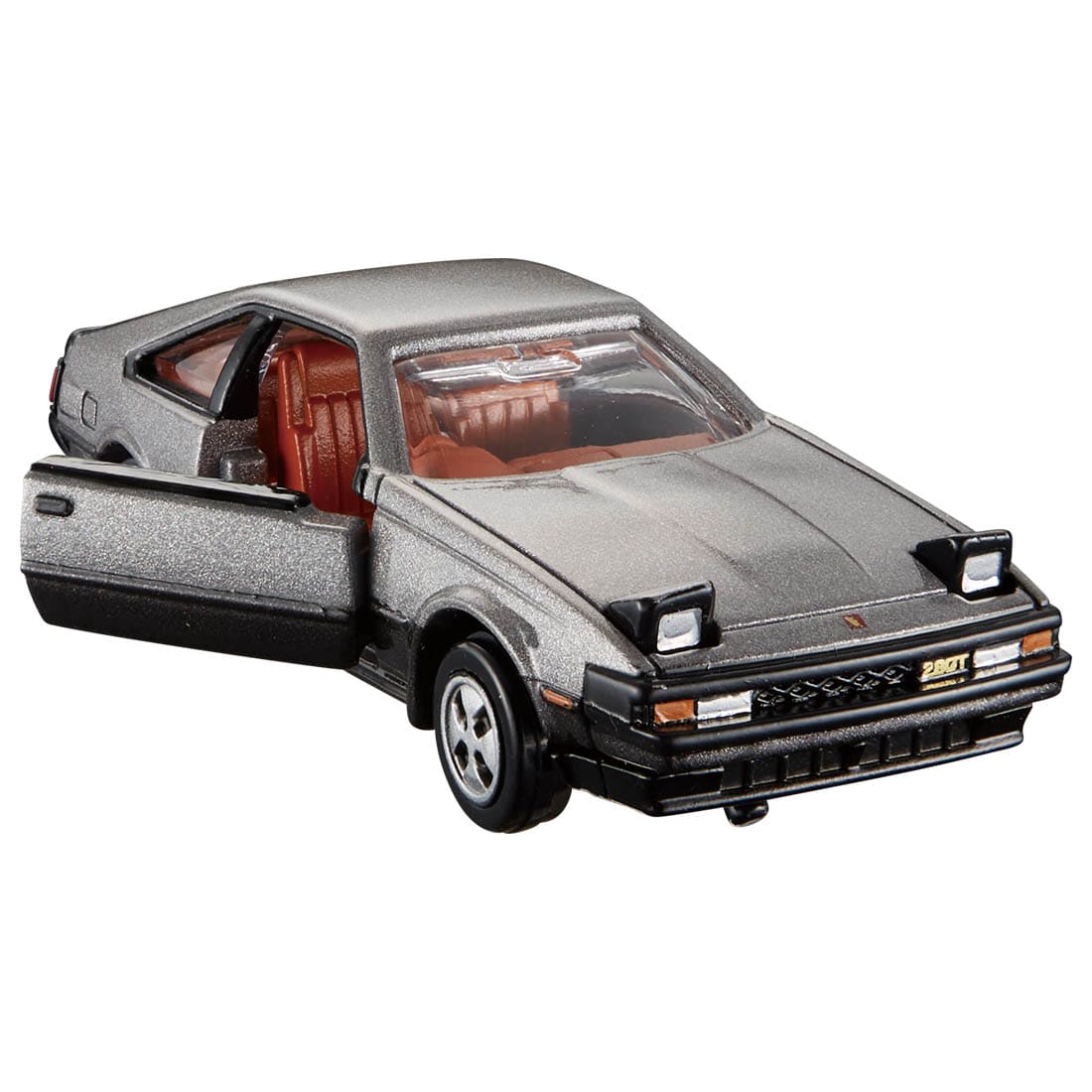 Front perspective view of Toyota Celica XX Silver 1:64 scale model car - Tomica premium