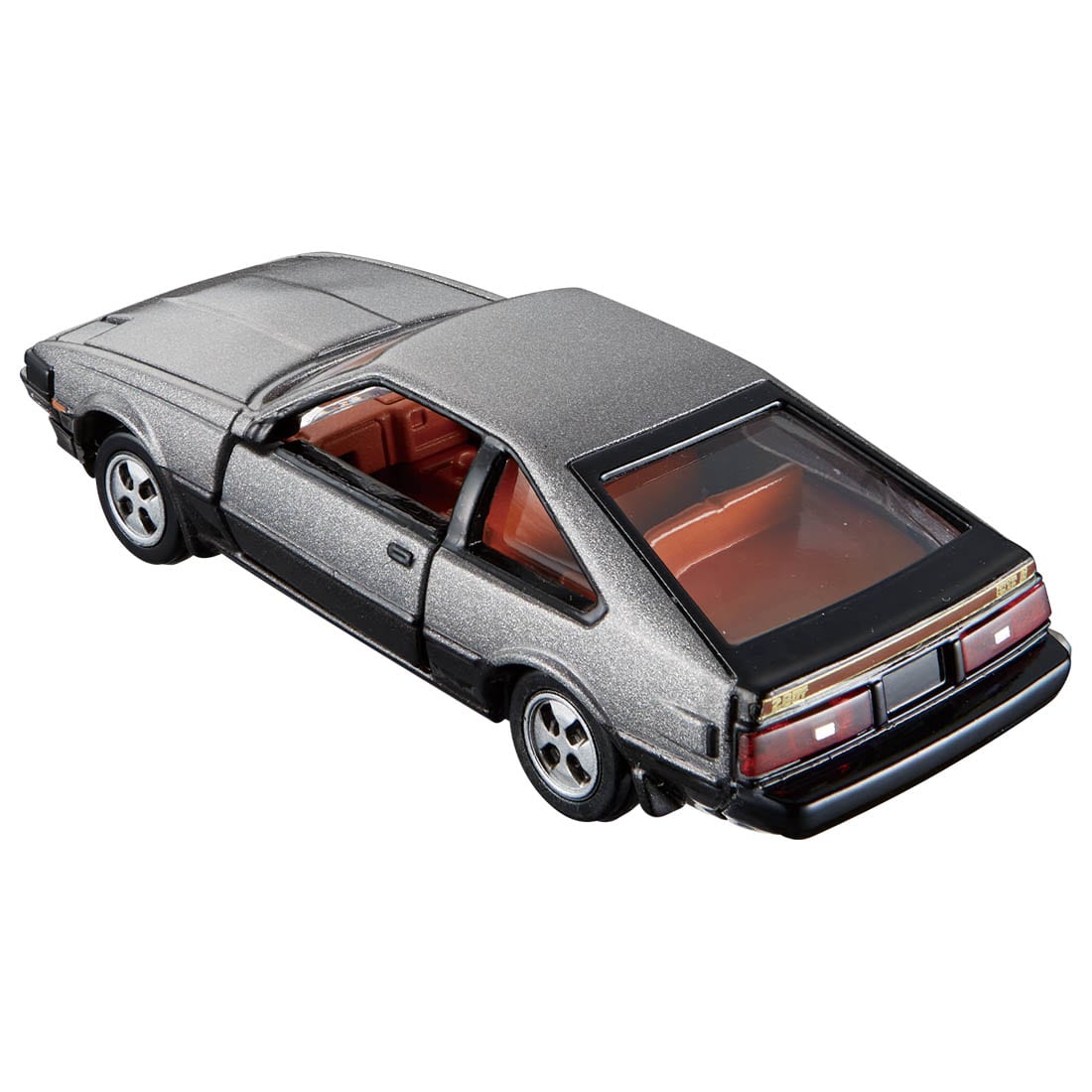 Top back perspective view of Toyota Celica XX Silver 1:64 scale model car - Tomica premium