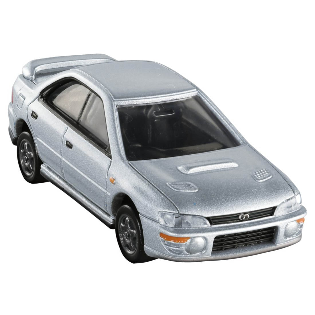 front perspective view of Subaru Impreza WRX Silver 1:64 scale model car - Tomica Premium