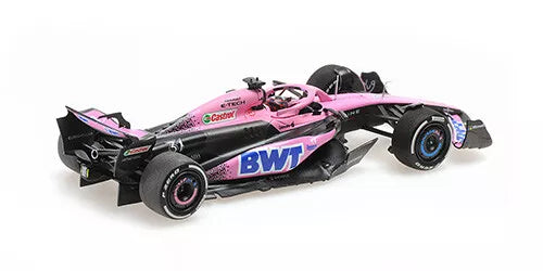 back and side perspective of BWT Alpine F1 Team A523 - Esteban Ocon – 2023 Minichamps 1:43 Scale Model Car